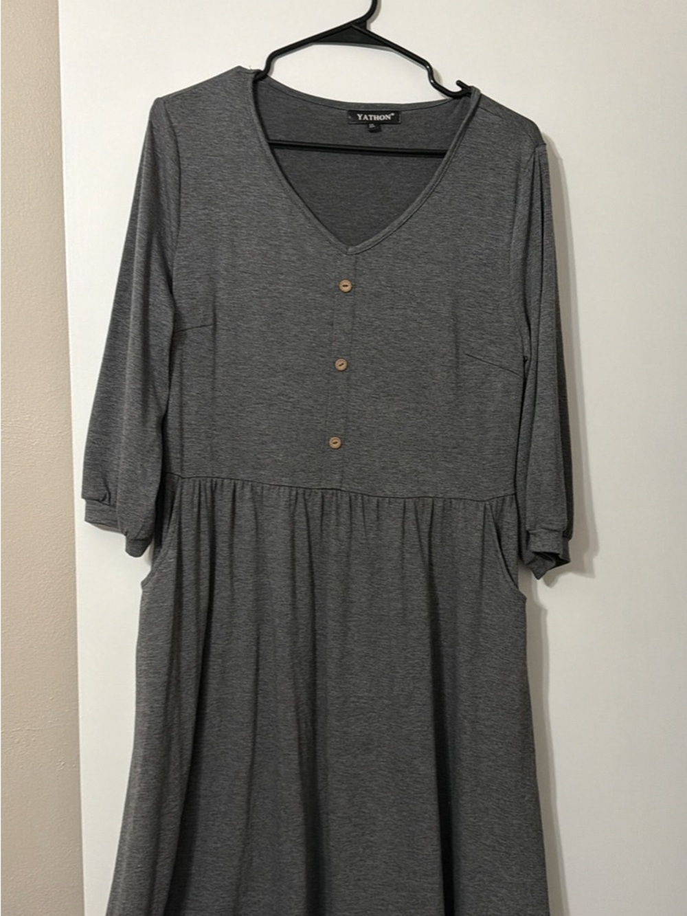 Tathion Women's Long Sleeve V-Neck Gray Button-Front Dress